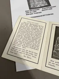 Originalt dødskort fra Tysk soldat begravet i Danmark