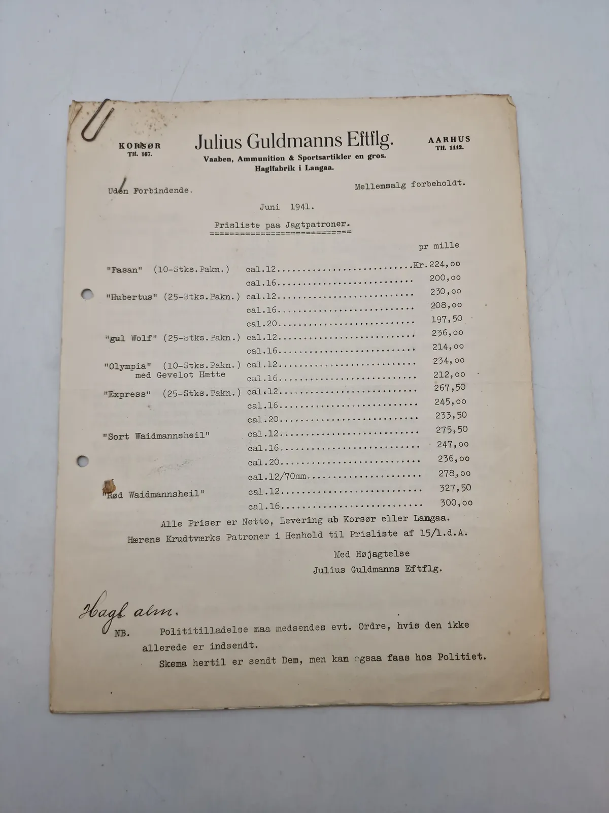 Original prisliste for haglpatroner 1941