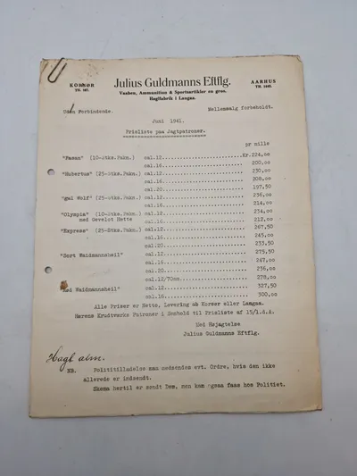 Original prisliste for haglpatroner 1941