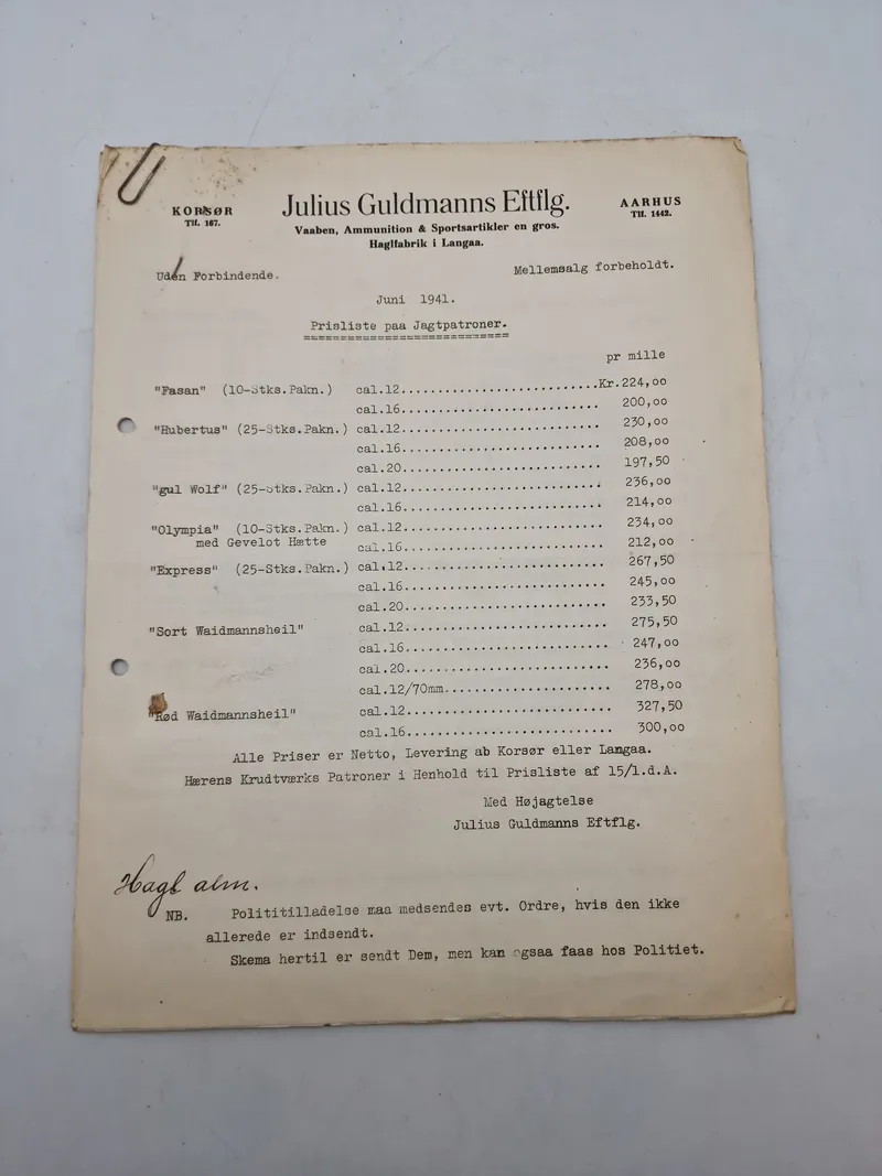 Original prisliste for haglpatroner 1941