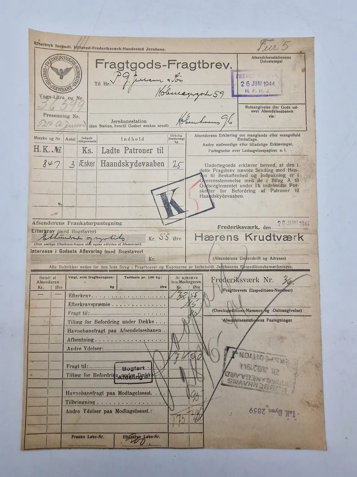 Originalt fragt brev for patroner og våben