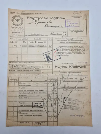 Originalt fragt brev for patroner og våben