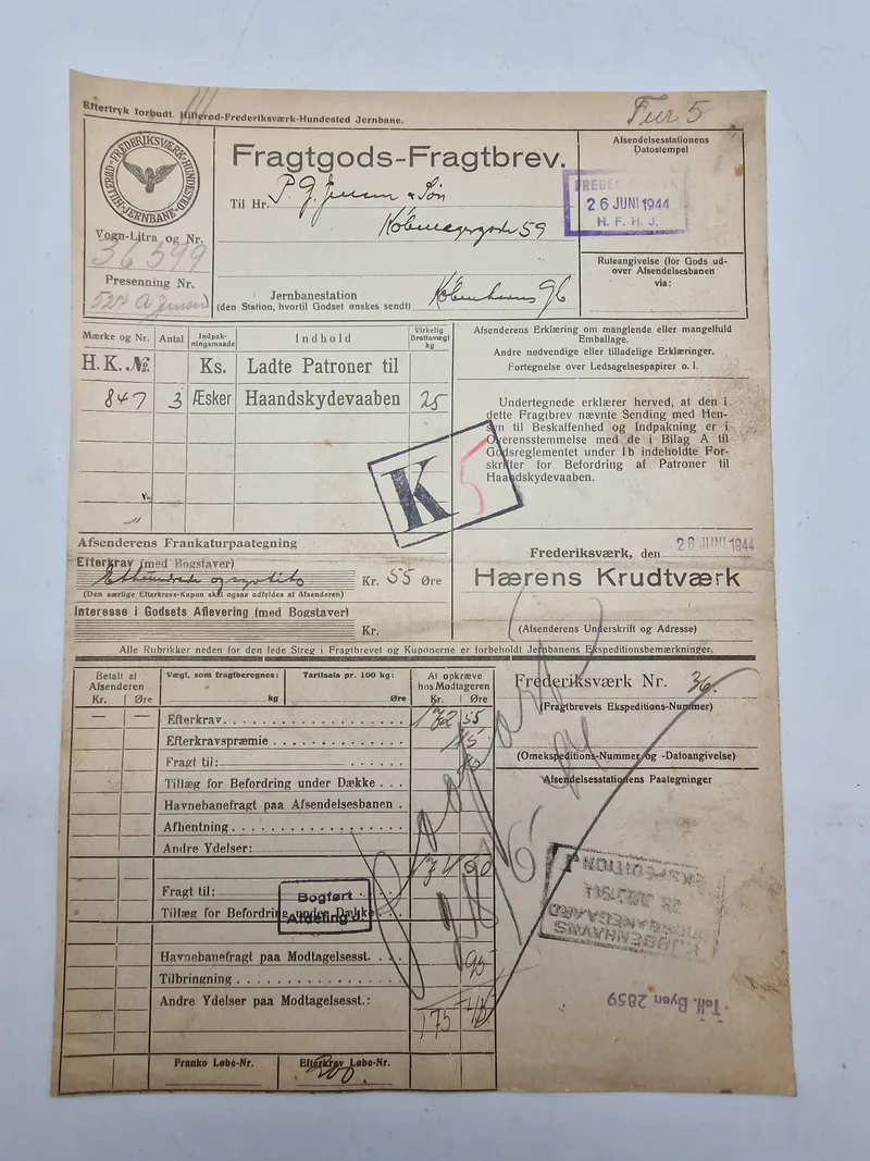 Originalt fragt brev for patroner og våben