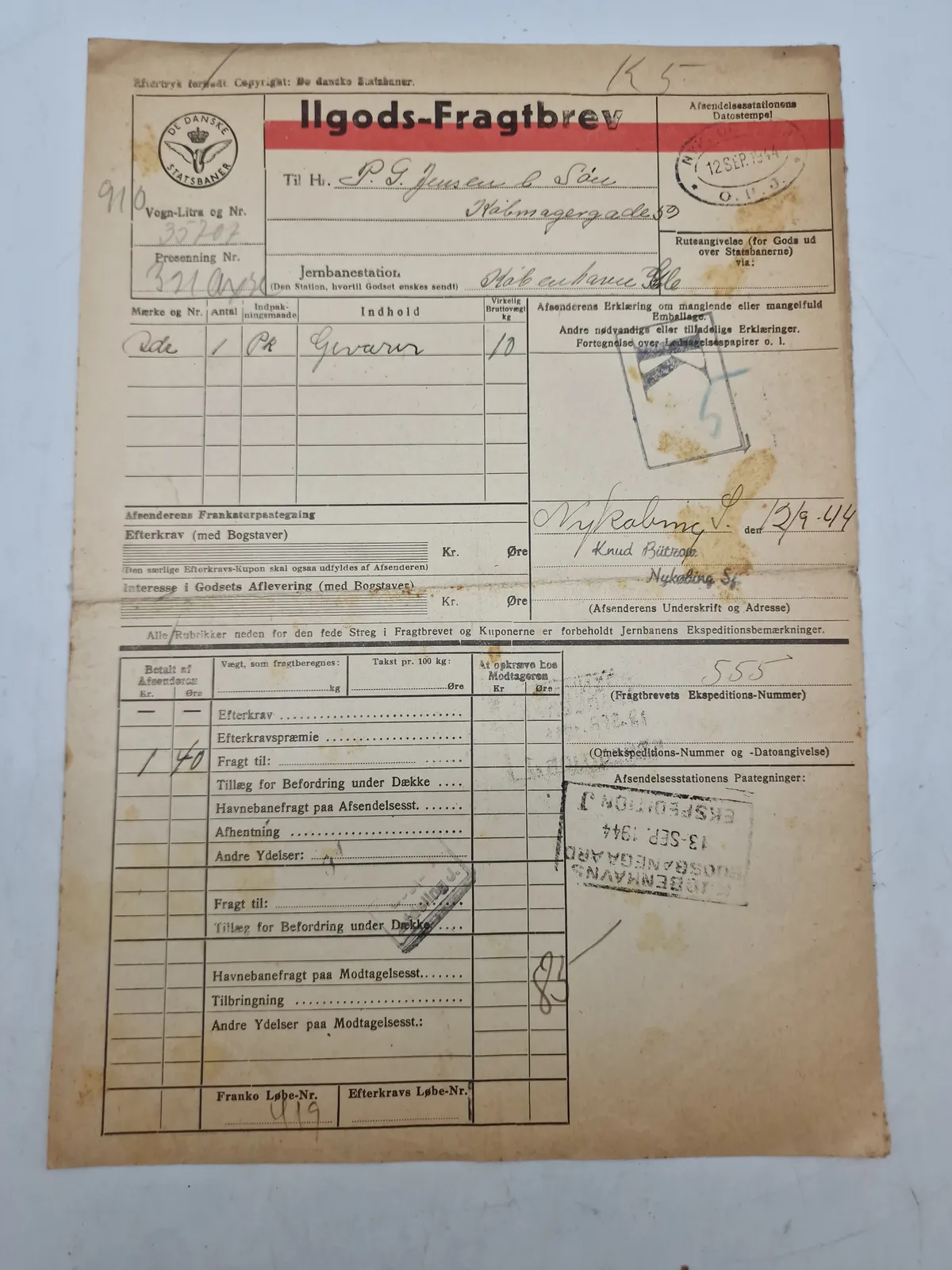 WW2 transport seddel Hærens krudtværk