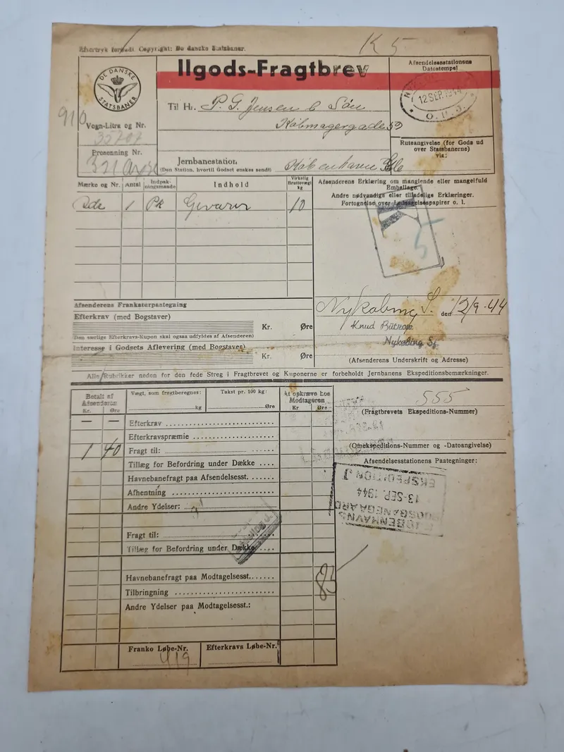 WW2 transport seddel Hærens krudtværk