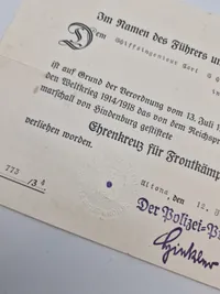 Originalt Hindenburg kors med urkunde