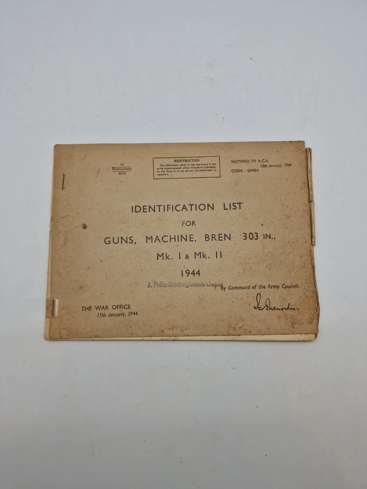 Identification List For Guns Machine Bren 303 In Mk I & Mk II - 1944