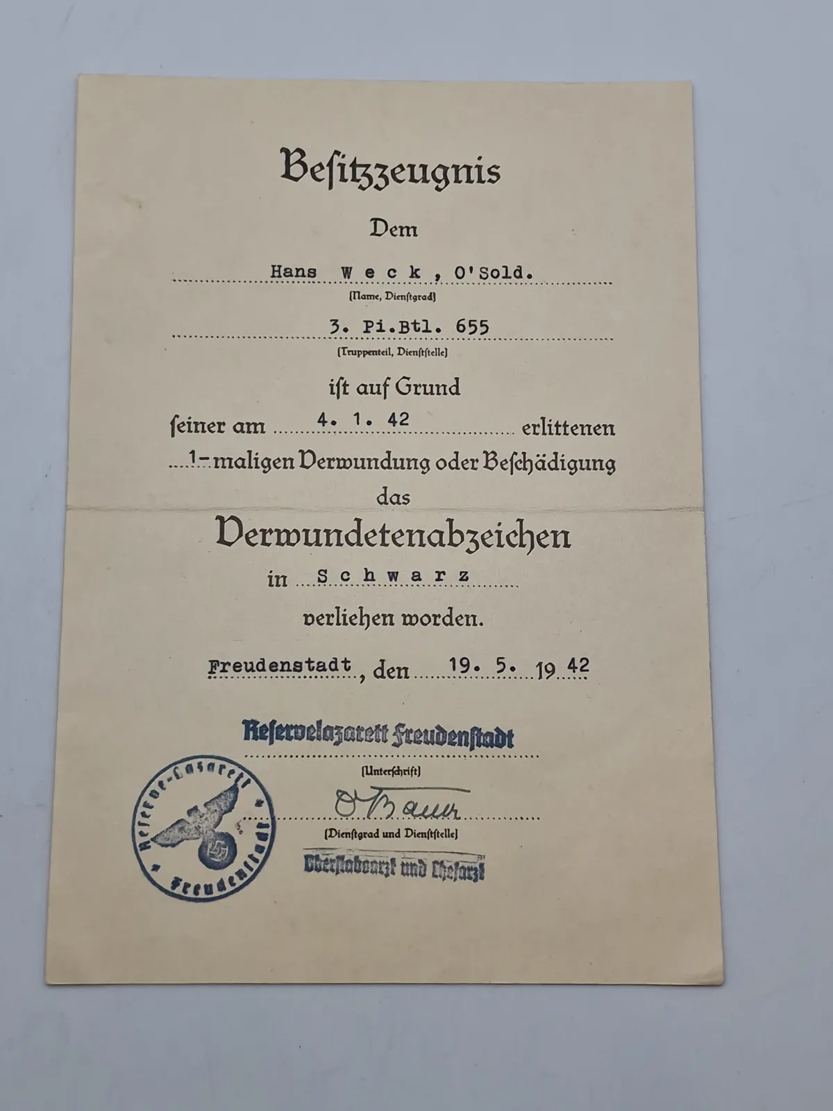 Originalt urkunde på verwundetenabzeichen 3.kl