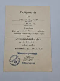 Originalt urkunde på verwundetenabzeichen 3.kl