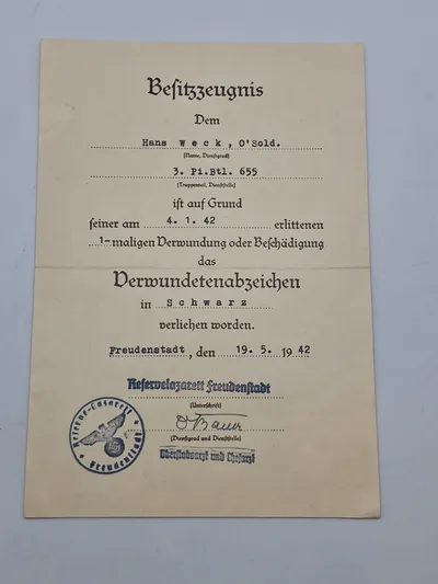 Originalt urkunde på verwundetenabzeichen 3.kl