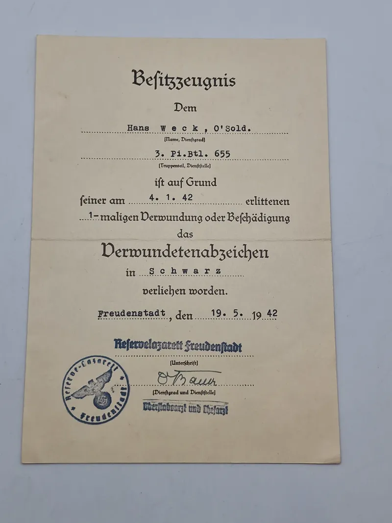 Originalt urkunde på verwundetenabzeichen 3.kl