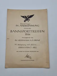 Originalt urkunde HJ  - Bannsporttreffen 1944