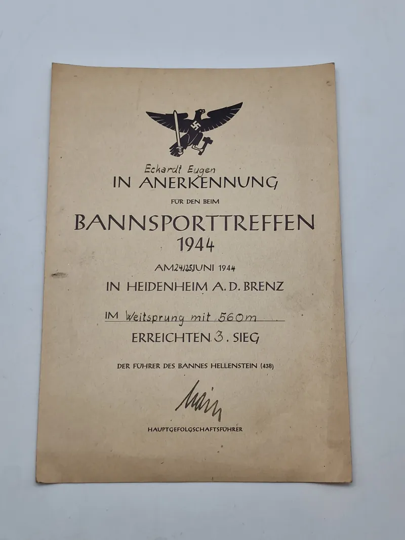 Originalt urkunde HJ  - Bannsporttreffen 1944