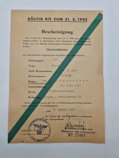 Original dansk køretilladelse, ww2 - bemærk den er Waffen SS stemplet
