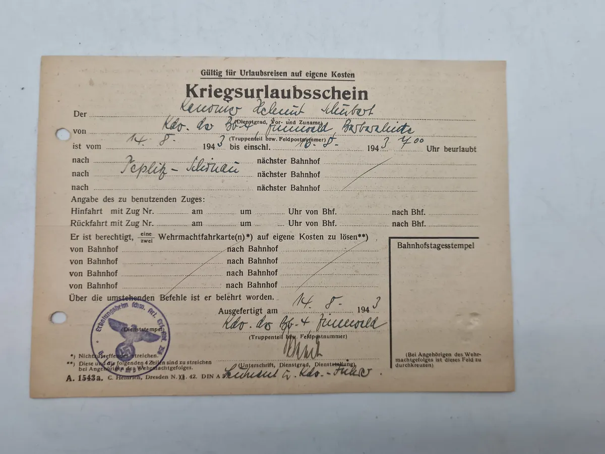 Originalt Kriegsurlaubscein - ww2