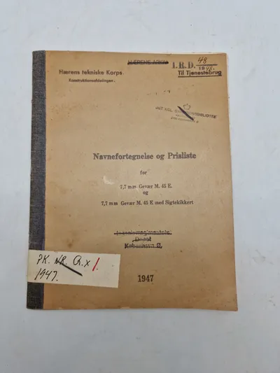 Navnefortegnelse og Prisliste

for

7,7 mm Gevær M. 45 E. og

7,7 mm Gevær M. 45 E med Sigtekikkert