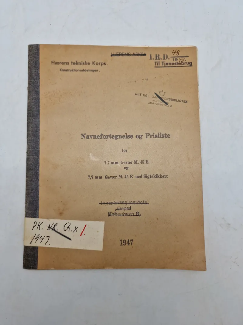 Navnefortegnelse og Prisliste

for

7,7 mm Gevær M. 45 E. og

7,7 mm Gevær M. 45 E med Sigtekikkert