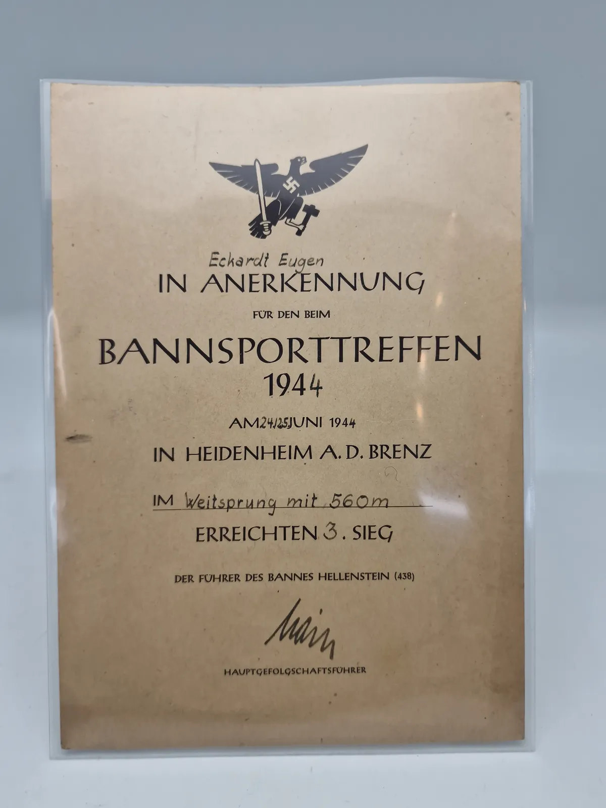 Originalt tysk urkunde fra HJ Bannsportstreffen 1944