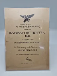 Originalt tysk urkunde fra HJ Bannsportstreffen 1944