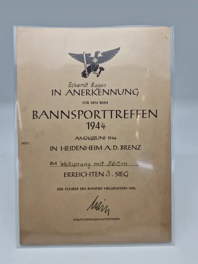 Originalt tysk urkunde fra HJ Bannsportstreffen 1944