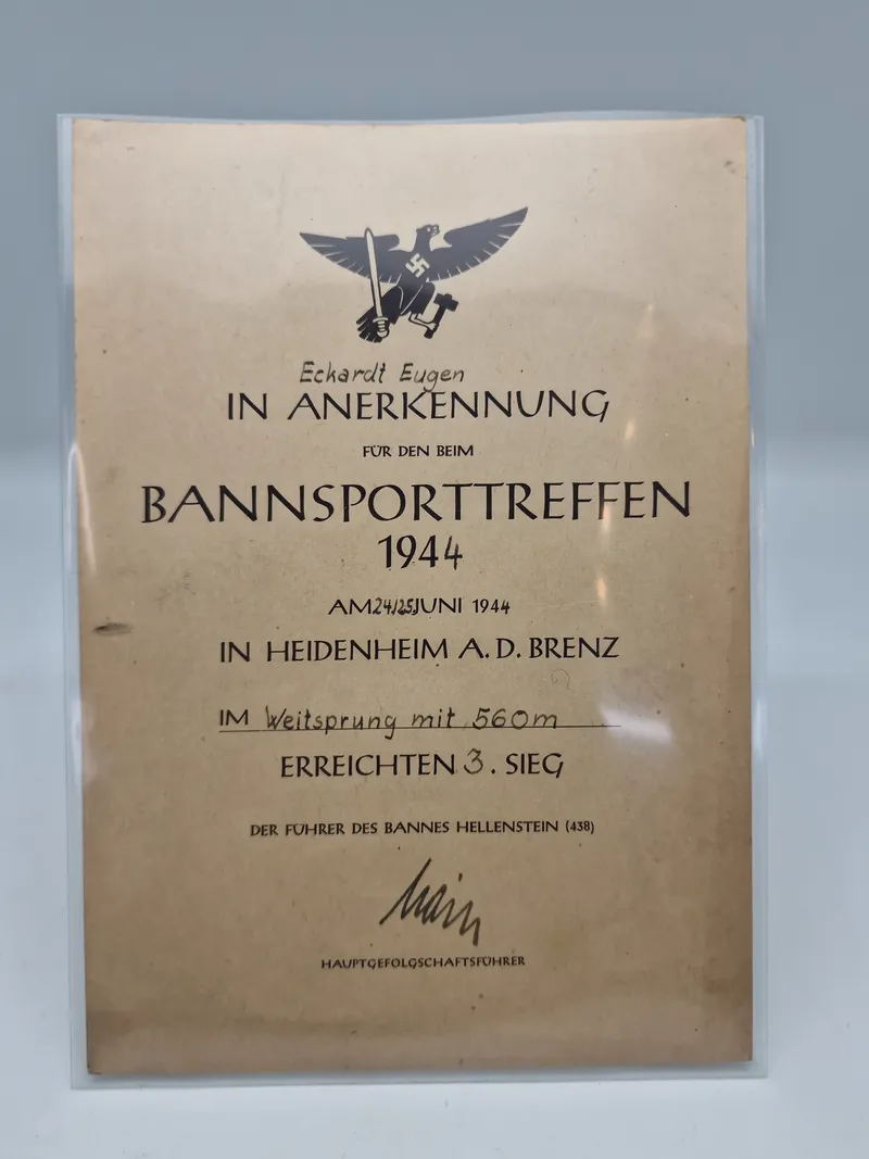 Originalt tysk urkunde fra HJ Bannsportstreffen 1944