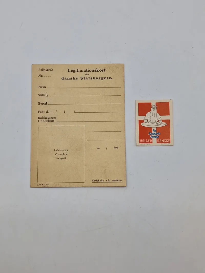 Originalt Holger danske mærkat og ubrugt id kort brugt af modstandsbevægelsen til at fremstille falske id