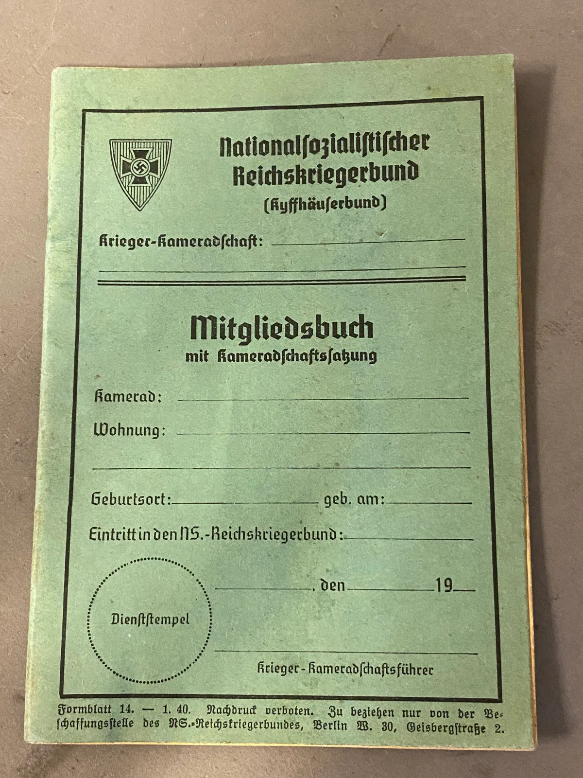Original tysk Reichkriegerbund bog - ikke udfyldt