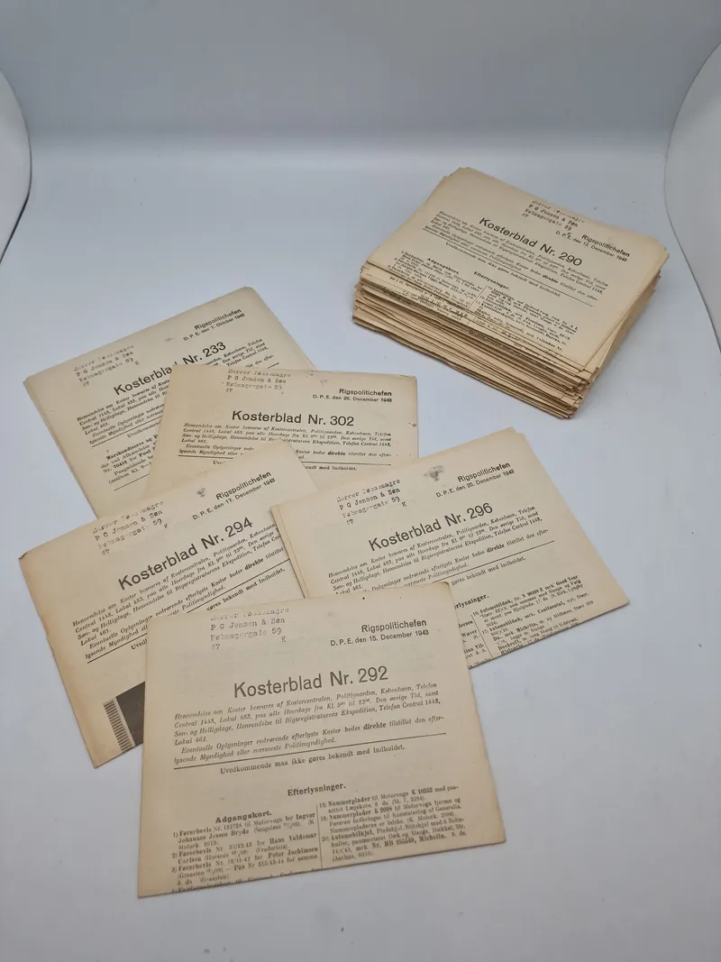 Samling originale kosterblade fra rigspolitiet 1943