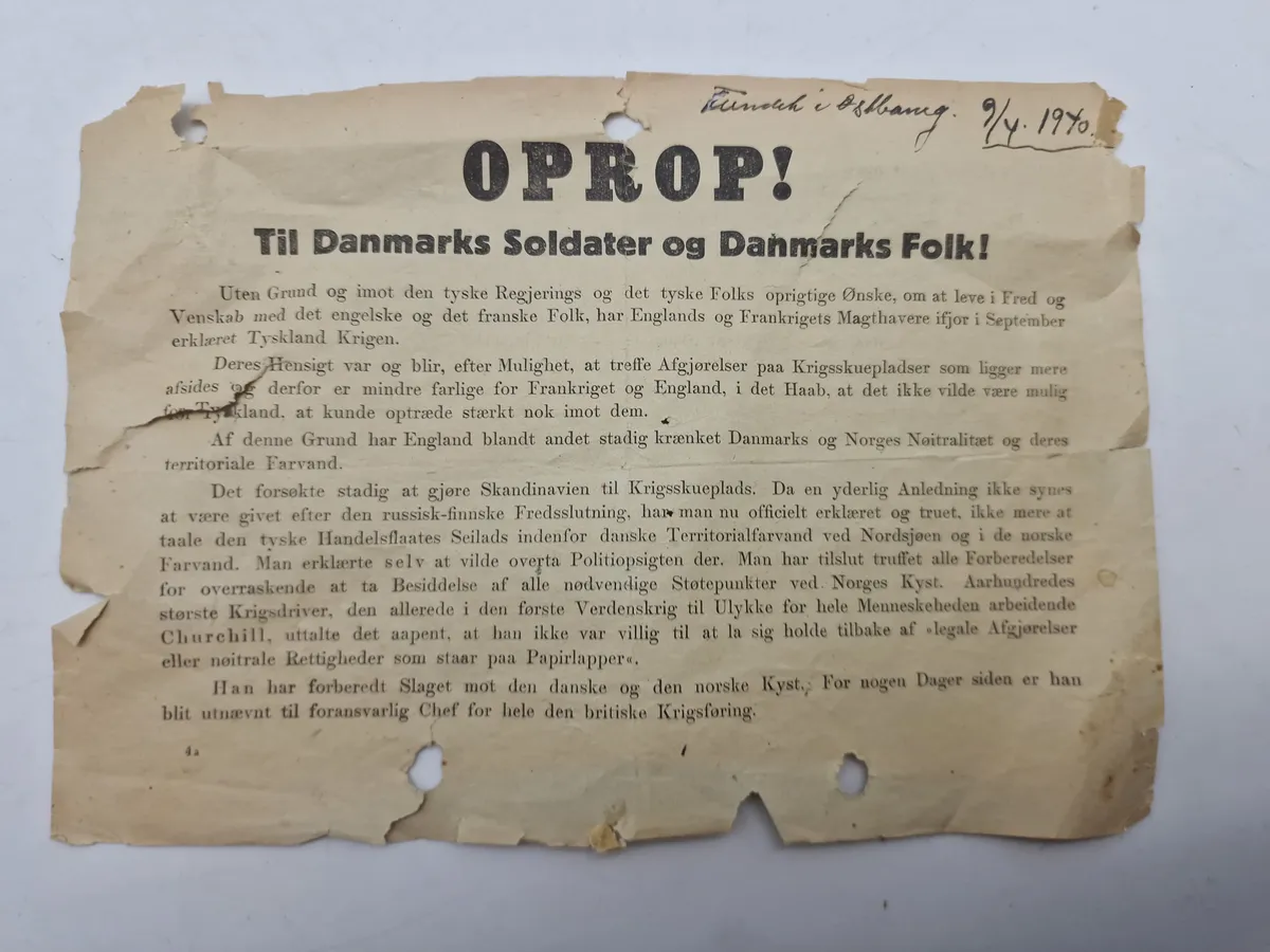 Originalt oprop nedkastet over Danmark 9 April 1945