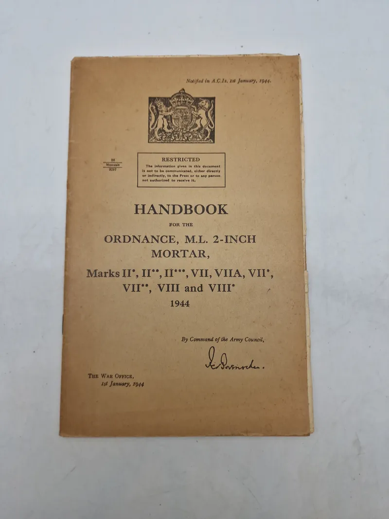 HANDBOOK
FOR THE
ORDNANCE, M.L. 2-INCH
MORTAR,
Marks II, II**, II***, VII, VIIA, VII',
VII, VIII and VIII*
1944