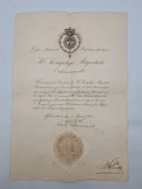 Sjældent originalt dokument fra 1864 veteran der bliver gjort til dannebrogsmand i 1926 - dokumentet er underskrevet af Prins Harald