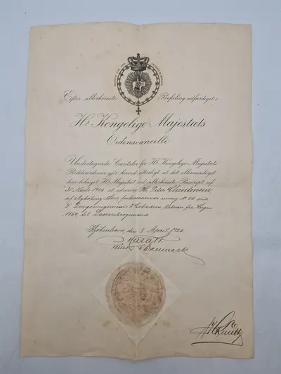 Sjældent originalt dokument fra 1864 veteran der bliver gjort til dannebrogsmand i 1926 - dokumentet er underskrevet af Prins Harald