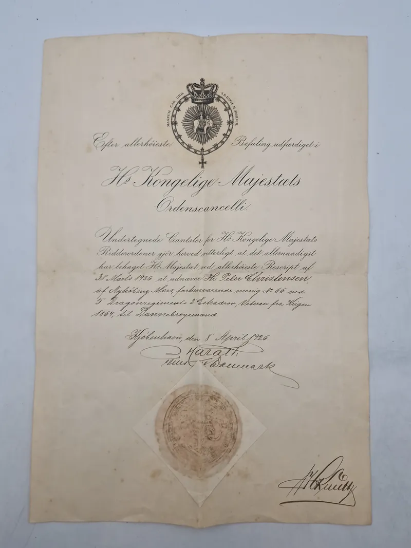 Sjældent originalt dokument fra 1864 veteran der bliver gjort til dannebrogsmand i 1926 - dokumentet er underskrevet af Prins Harald