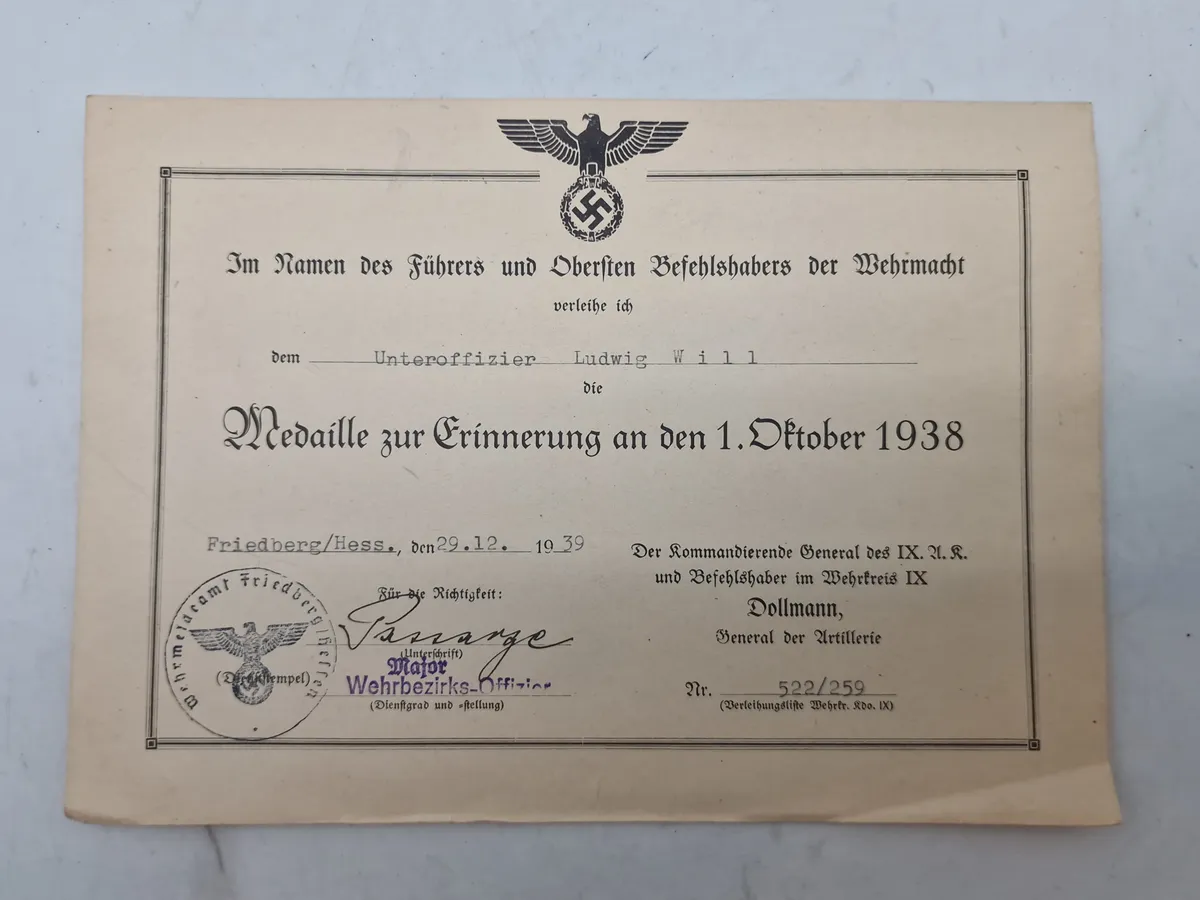 Originalt urkunde på Medaille zur Erinnerung an den 1.Oktober 1938