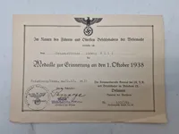 Originalt urkunde på Medaille zur Erinnerung an den 1.Oktober 1938
