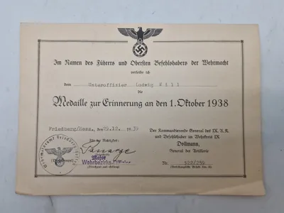 Originalt urkunde på Medaille zur Erinnerung an den 1.Oktober 1938