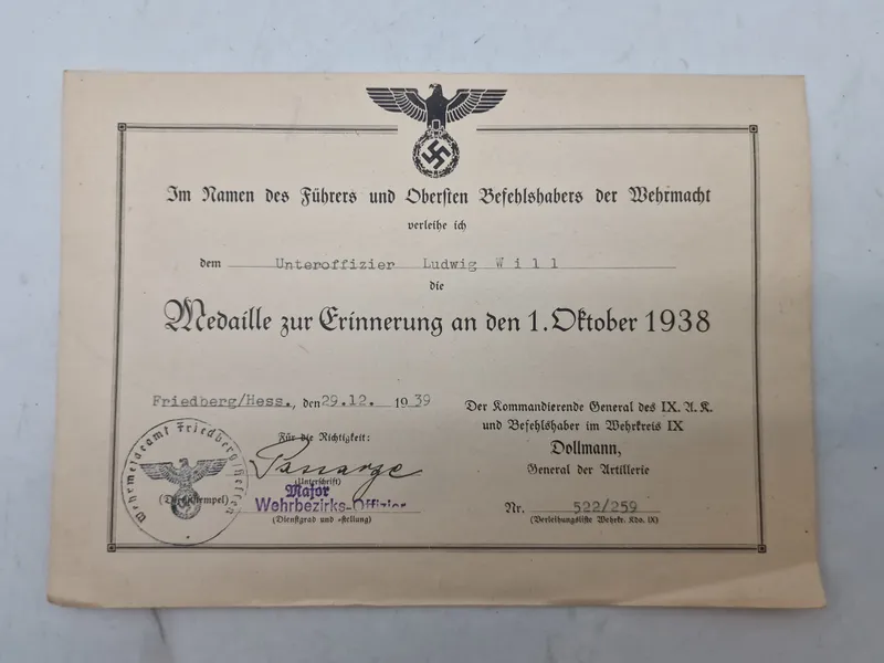 Originalt urkunde på Medaille zur Erinnerung an den 1.Oktober 1938