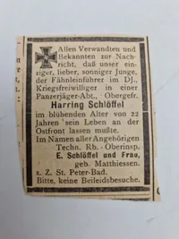 Originalt lot på falden tysk soldat, bl.a. med solbuch og urkunde