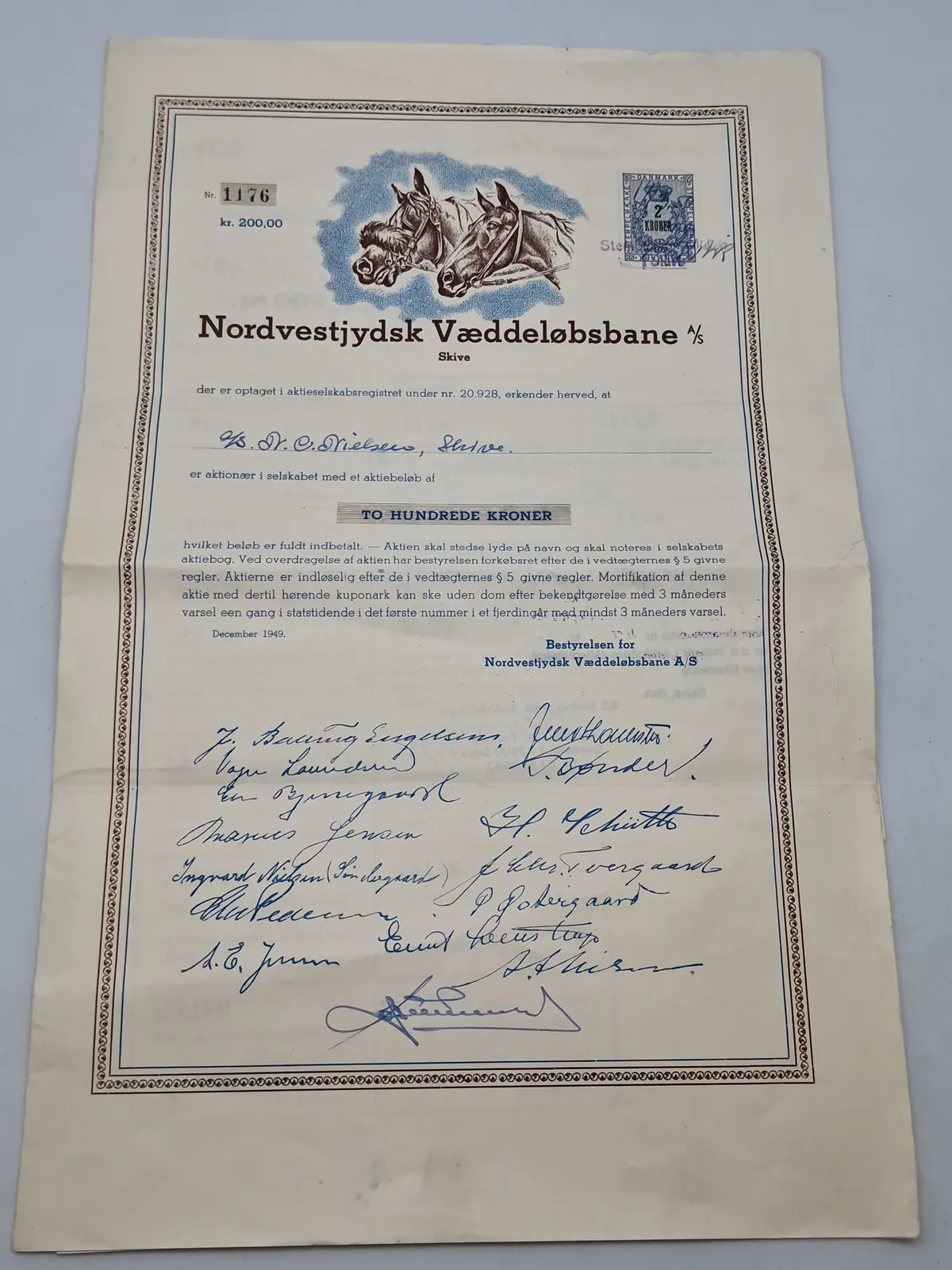 Original 200 krone aktie fra Nordvestjysk vædeløbsbane