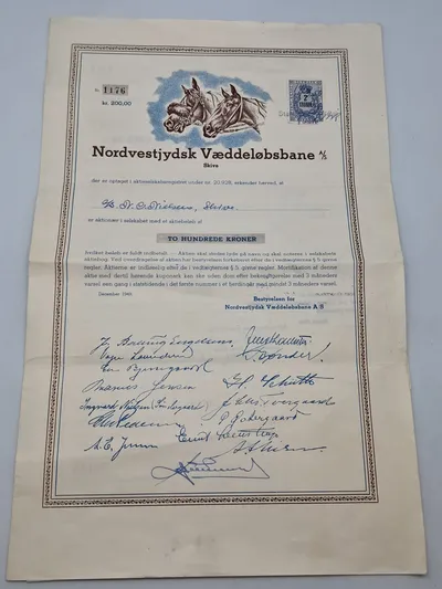 Original 200 krone aktie fra Nordvestjysk vædeløbsbane