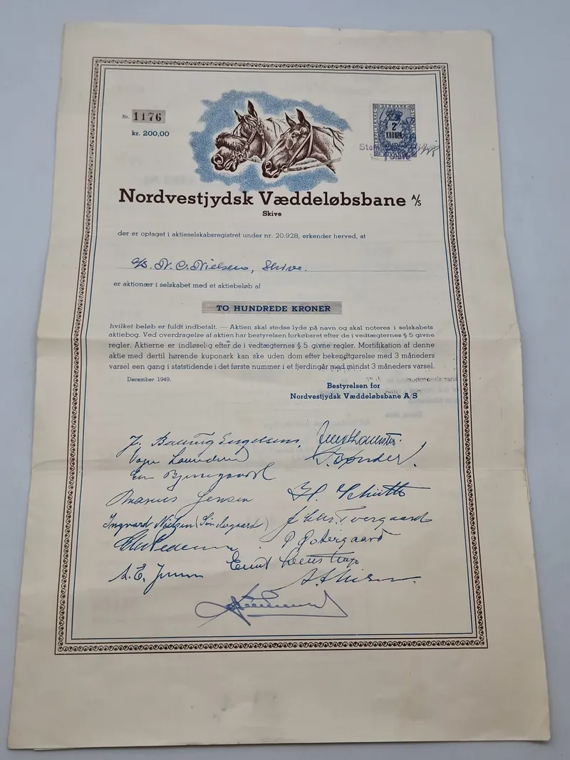 Original 200 krone aktie fra Nordvestjysk vædeløbsbane