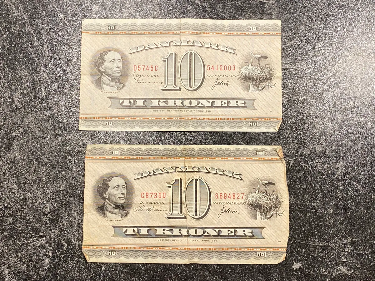 To stk originale danske 10 krone sedler