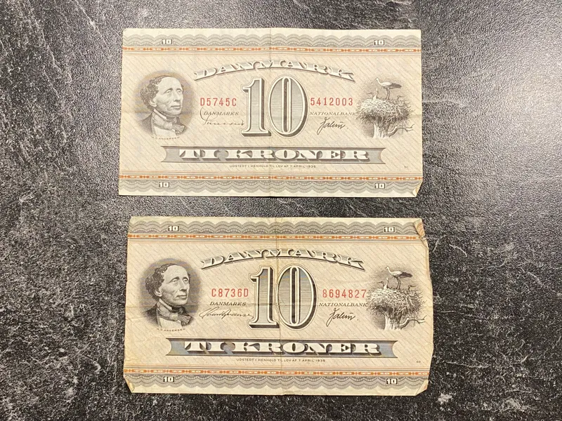 To stk originale danske 10 krone sedler