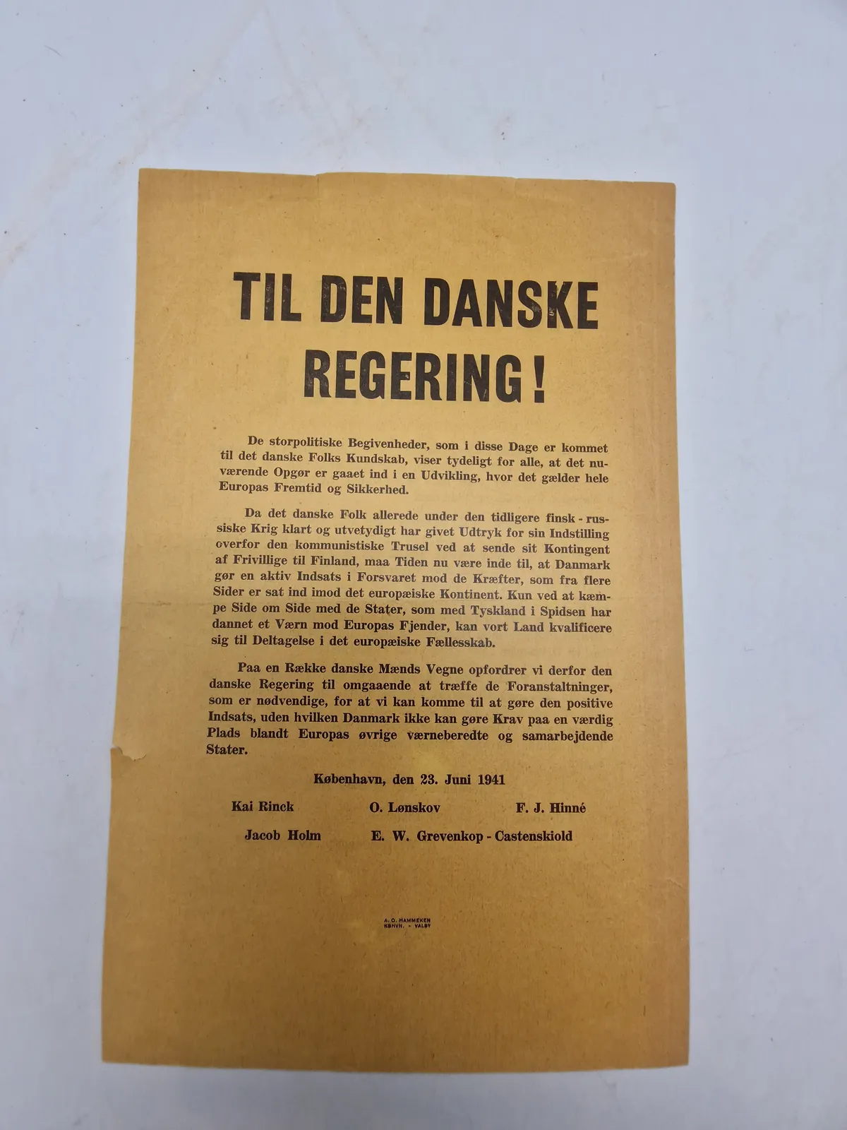 Sjælden original Nazistisk ww2 løbeseddel med overskriften “Til Den Danske Regering”