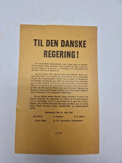 Sjælden original Nazistisk ww2 løbeseddel med overskriften “Til Den Danske Regering”