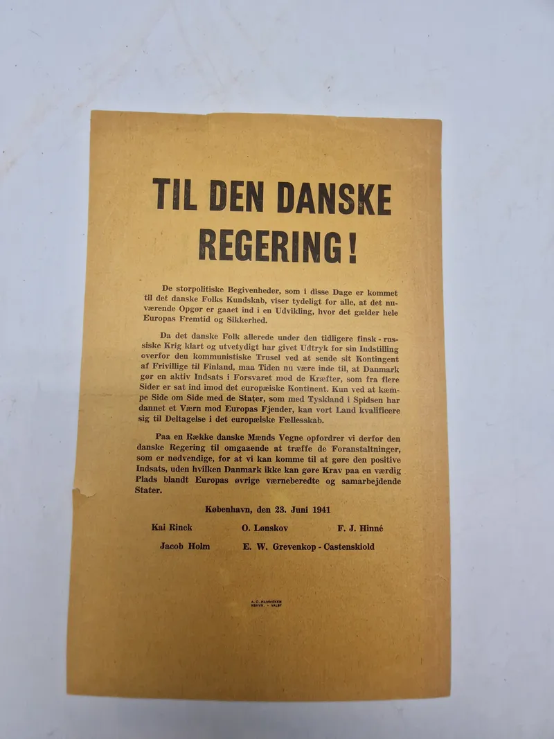 Sjælden original Nazistisk ww2 løbeseddel med overskriften “Til Den Danske Regering”