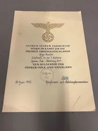 Sjældent originalt urkunde for falden officer WW"
