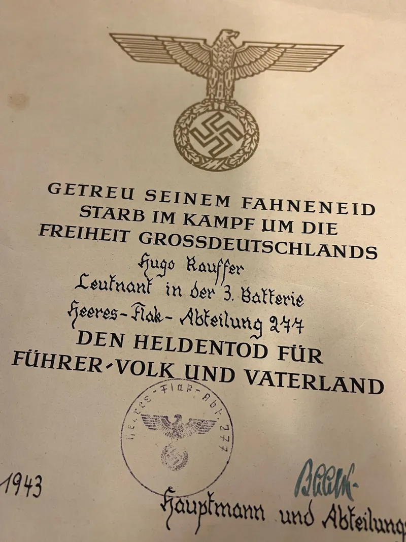 Sjældent originalt urkunde for falden officer WW"