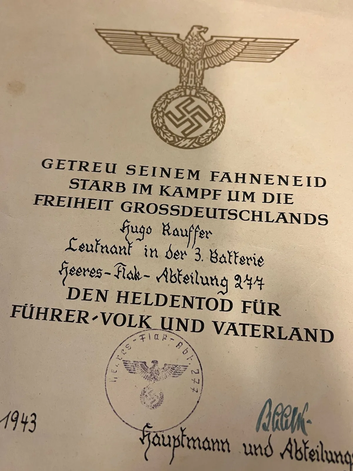 Sjældent originalt urkunde for falden officer WW"