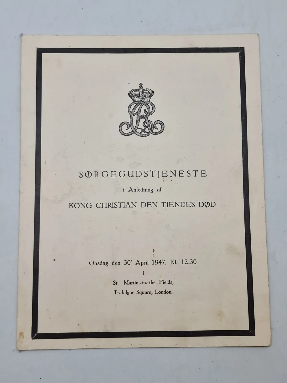 Originalt program for sørgegudstjenesten efter Kong Christian X død